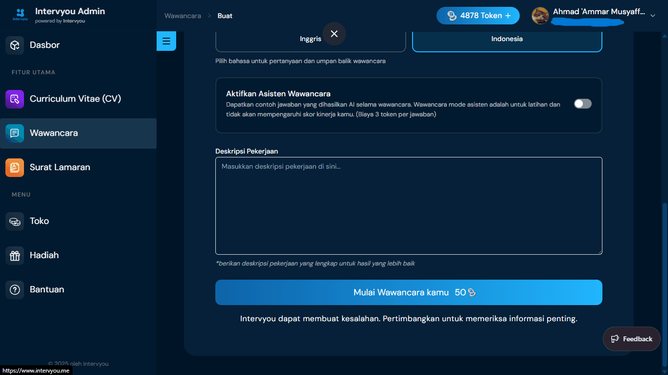 Mulai Wawancara (50 Token)