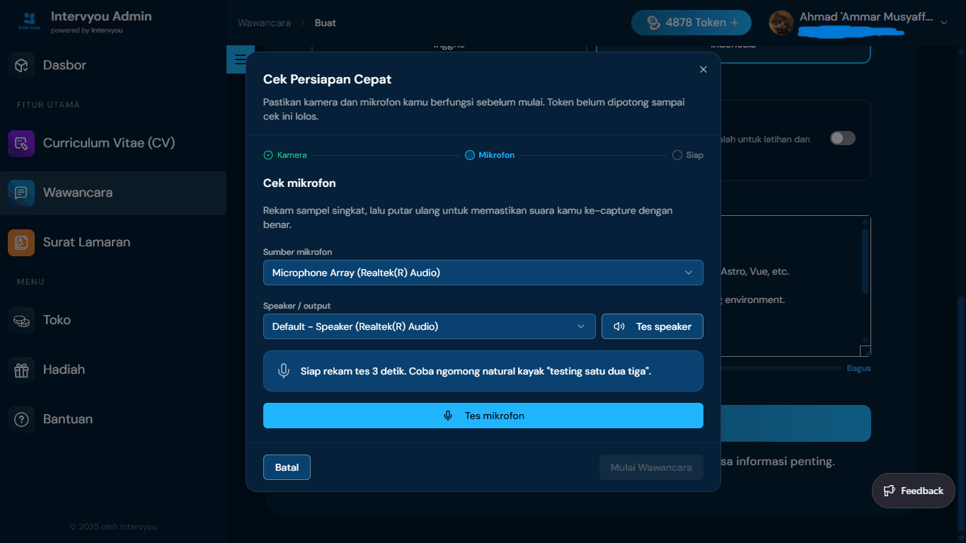 Pilih Mikrofon & Uji Speaker