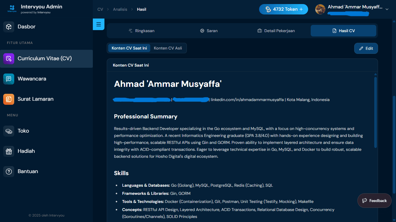 Tab Hasil CV (Konten Saat Ini)